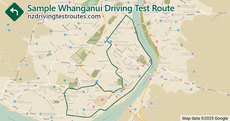 Whanganui driving test route map